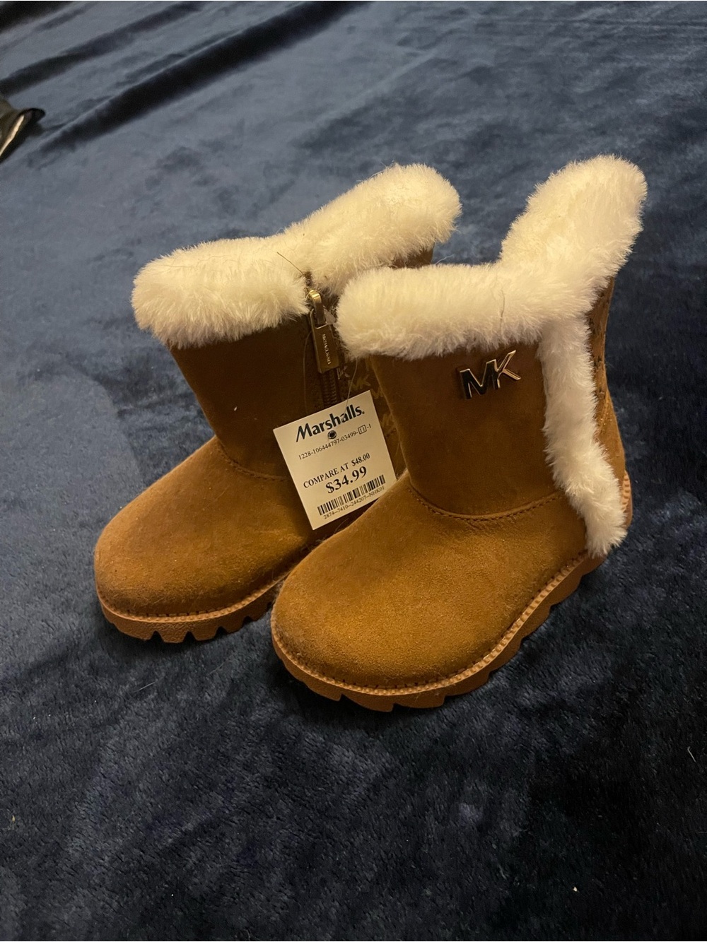 Michael Kors Chestnut Suede Kids Shearling Boots with Cream Fur